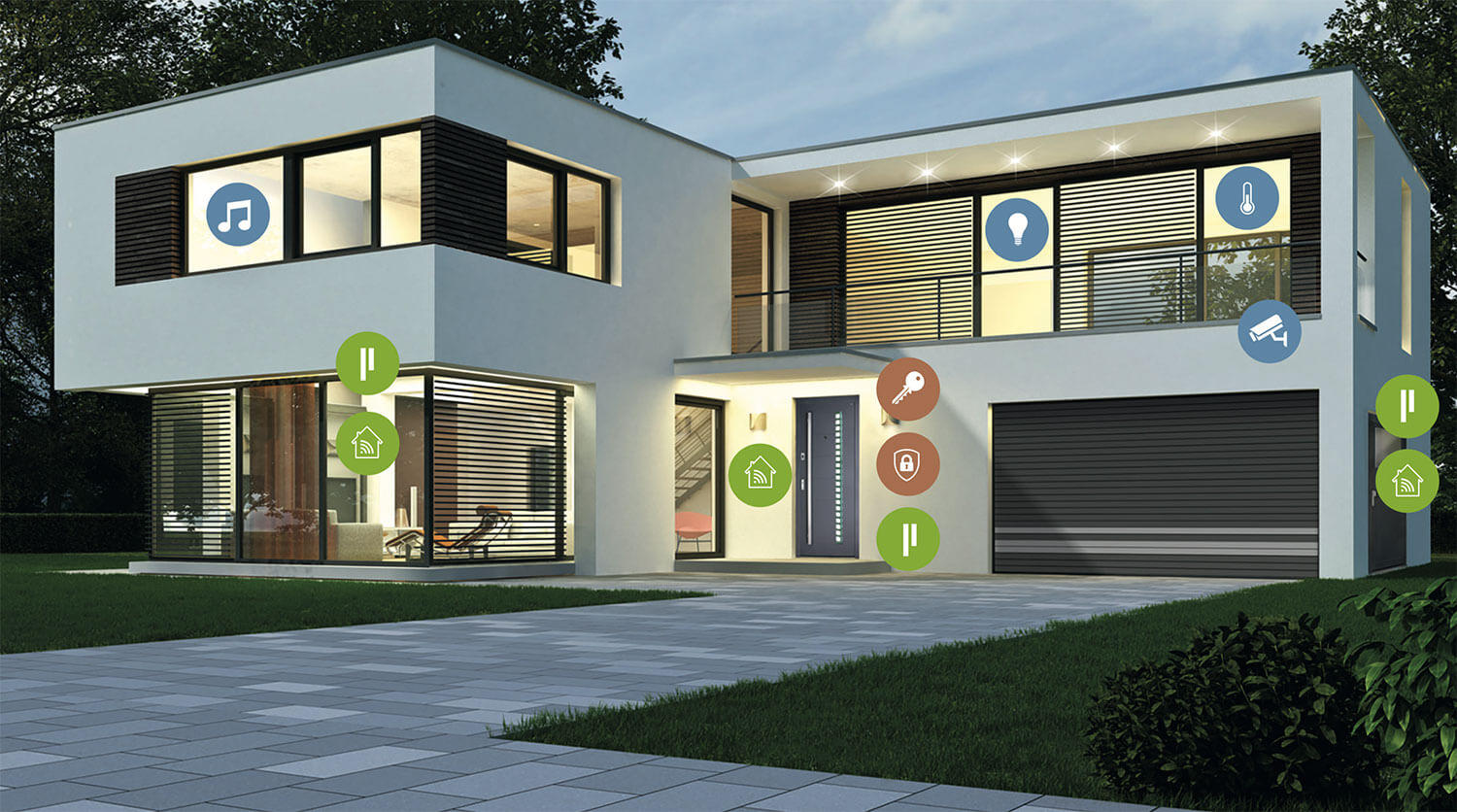 Moderne zweistöckige Villa mit Smart-Home-Technologie und energieeffizienten Systemen.