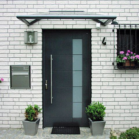 Moderne Haustür in Schwarz mit Glasdetails und eleganten Pflanzen im Vorgarten.