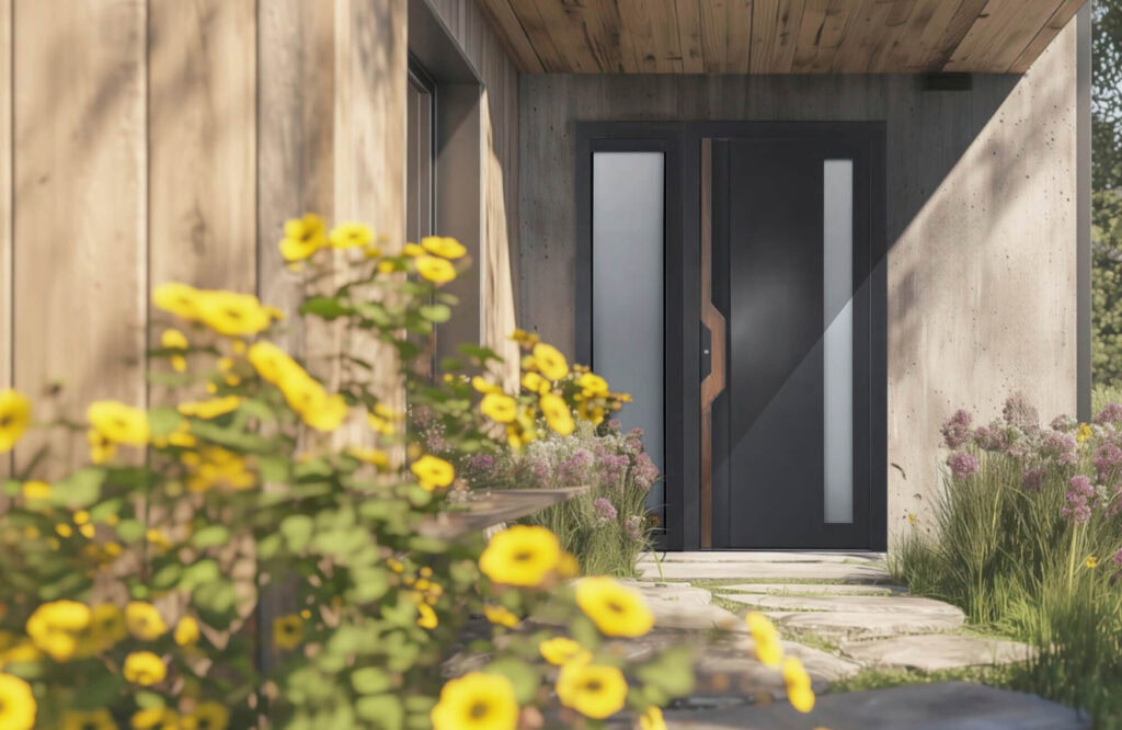 Design mit Holz- und Beton-Elementen, stilvoller Eingangsbereich.