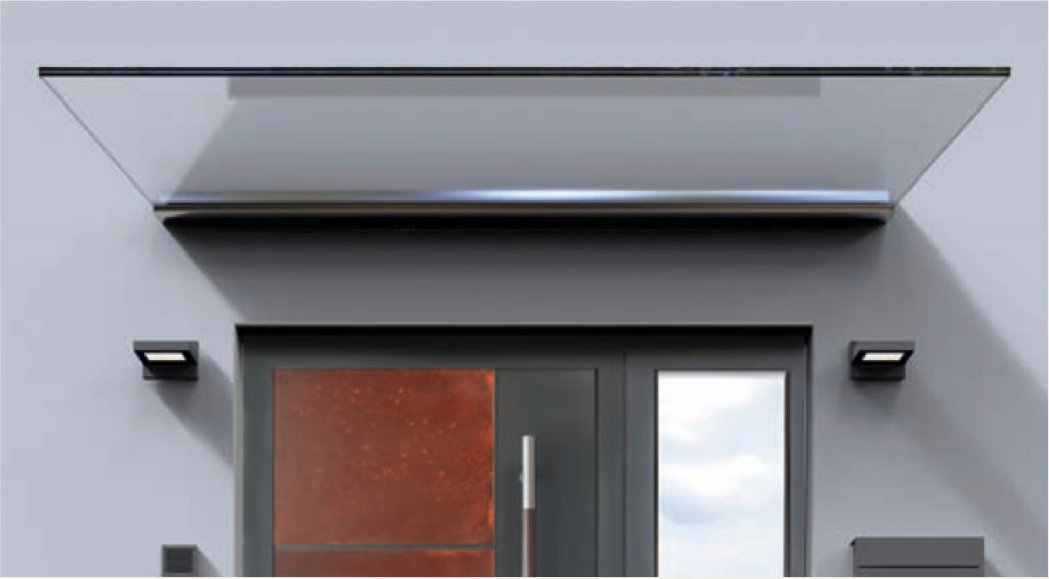 Eingangsbereich mit moderner Haustür und Beleuchtung, stilvolles Design für Hausfassade.