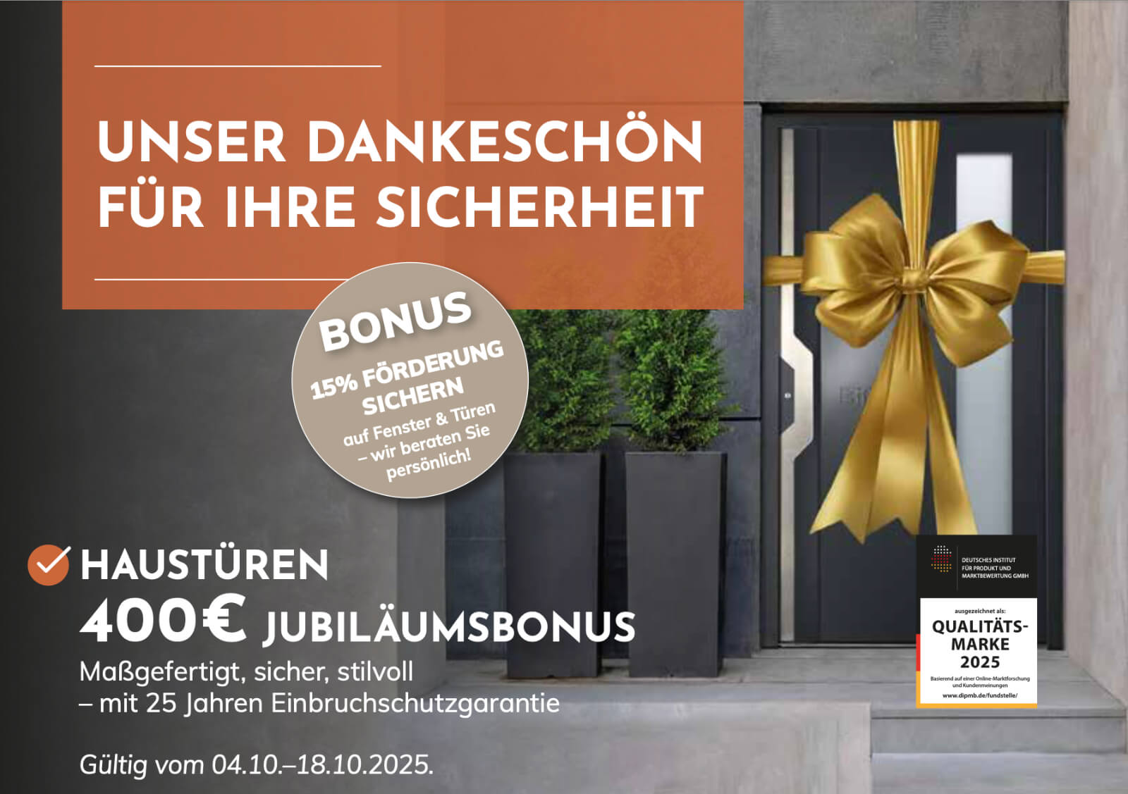 Hintertür mit goldenem Geschenkband und Sicherheitsbeschilderung, Fokus auf Türsicherheit und Bonusa.