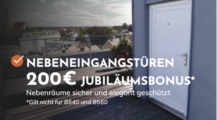 Hochwertige Nebeneingangstür mit 200€ Jubiläumsbonus, sicher und elegant gestaltet.