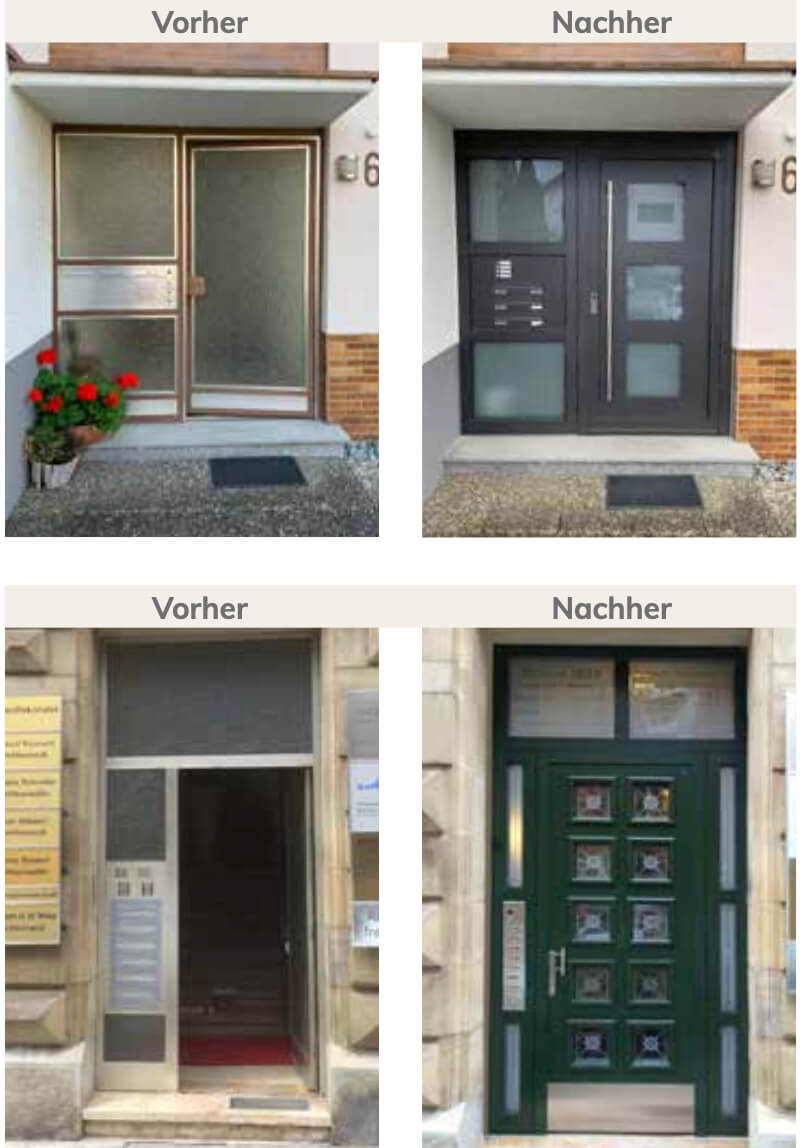 Hauseingangstür vor und nach Renovierung mit modernem Design und verbesserten Sicherheitsmerkmalen.