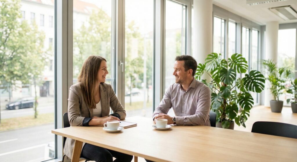 Freundliche Geschäftspartner im Gespräch, Zusammenarbeit, Meeting, Business, moderne Büroatmosphäre.