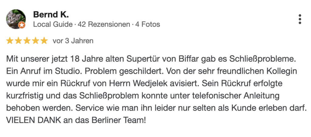 Super Markenservice bei Biffar, schnelle Lösung von Schließproblemen, zuverlässige Unterstützung.