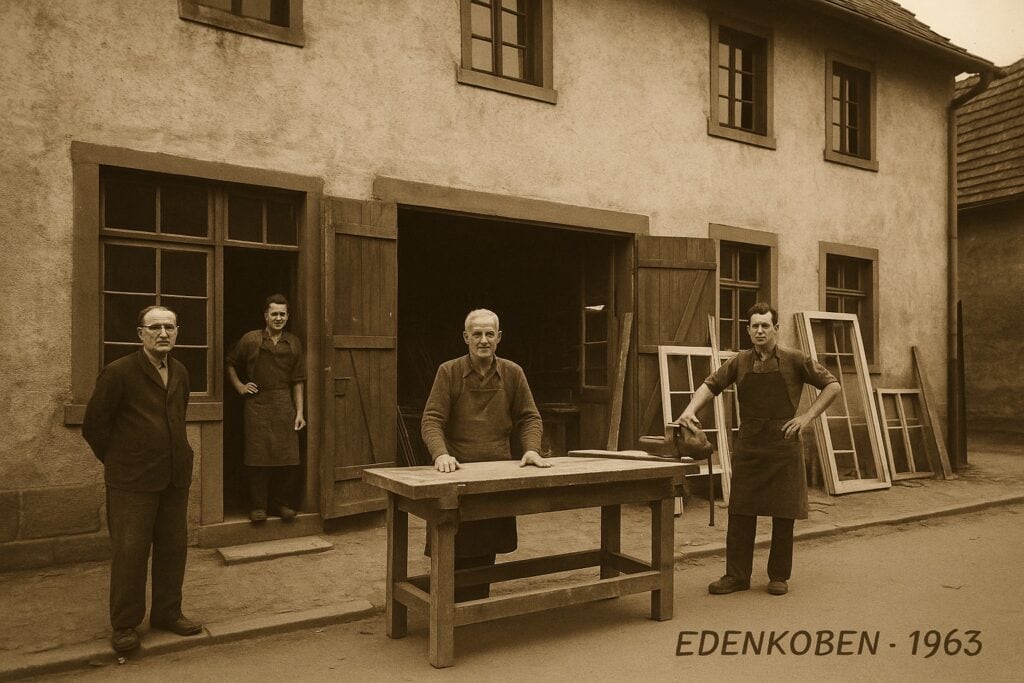 Alter historischer Handwerksbetrieb in Edenkoben 1963, Handwerker vor alte Hausfassade, Bau und Renovierung, traditionsreiche Handwerkskunst.