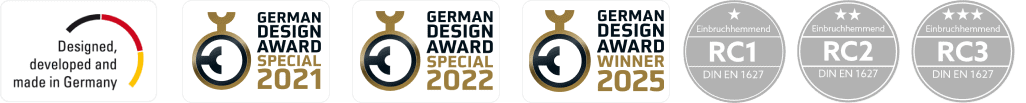 Designed, entwickelt und hergestellt in Deutschland, Biffar Qualitätssiegel 2021-2025.