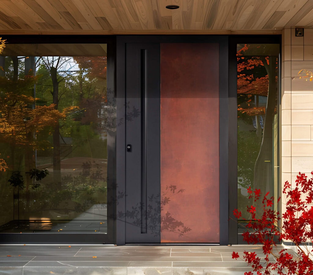 Moderne Eingangstür mit Holz und Glas, elegantes Design, langlebig, haustür, design, naturbelassen.