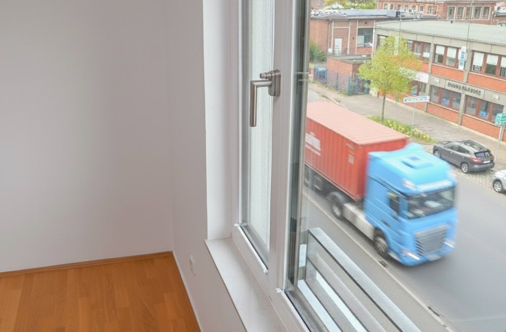 Lärmschutz durch große Fenster in der Stadt, modern und energieeffizient.