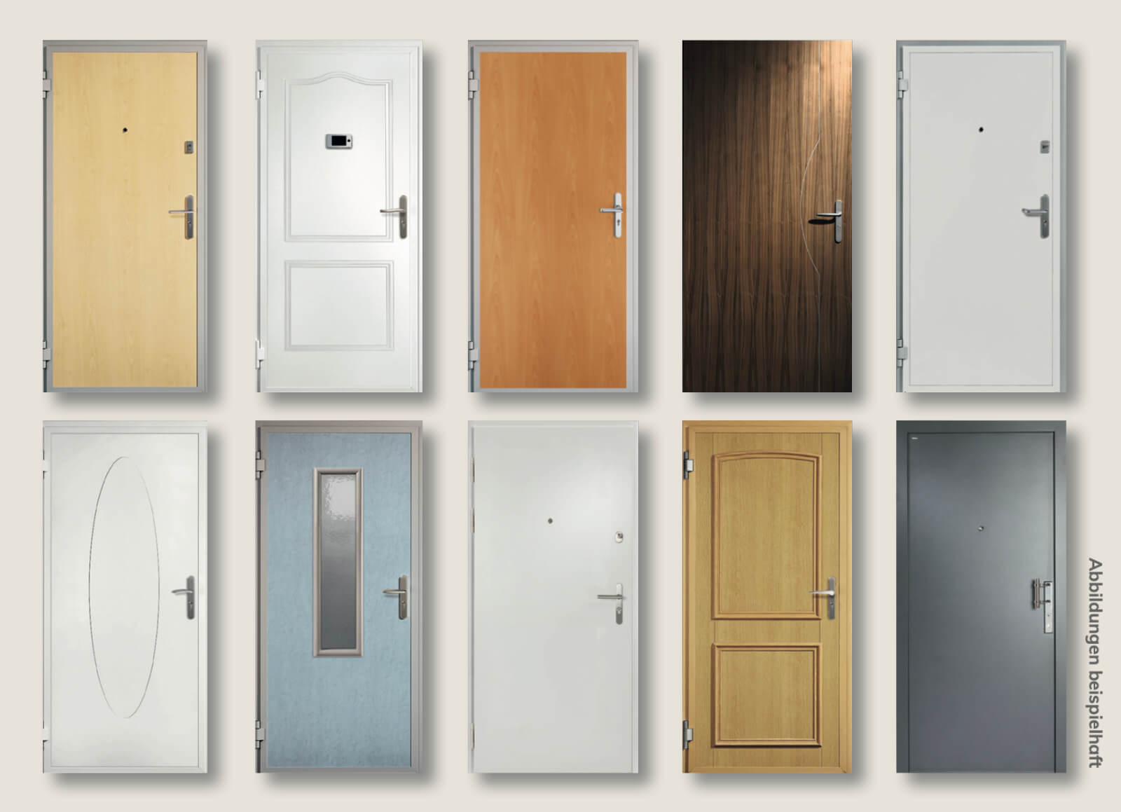 Verschiedene Haustüren aus Holz, Metall und Glas für optimale Sicherheit.