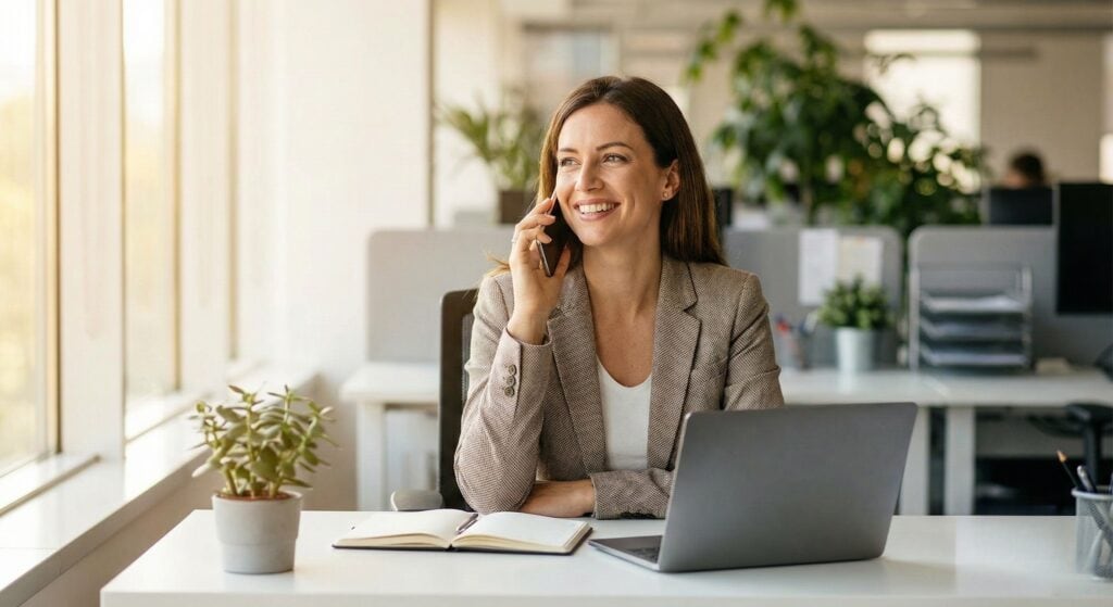 Freundliche geschäftsfrau im büro spricht am telefon mit kunden, digitales marketing, kundenservice, geschäftskommunikation, professionelle arbeitssituation.