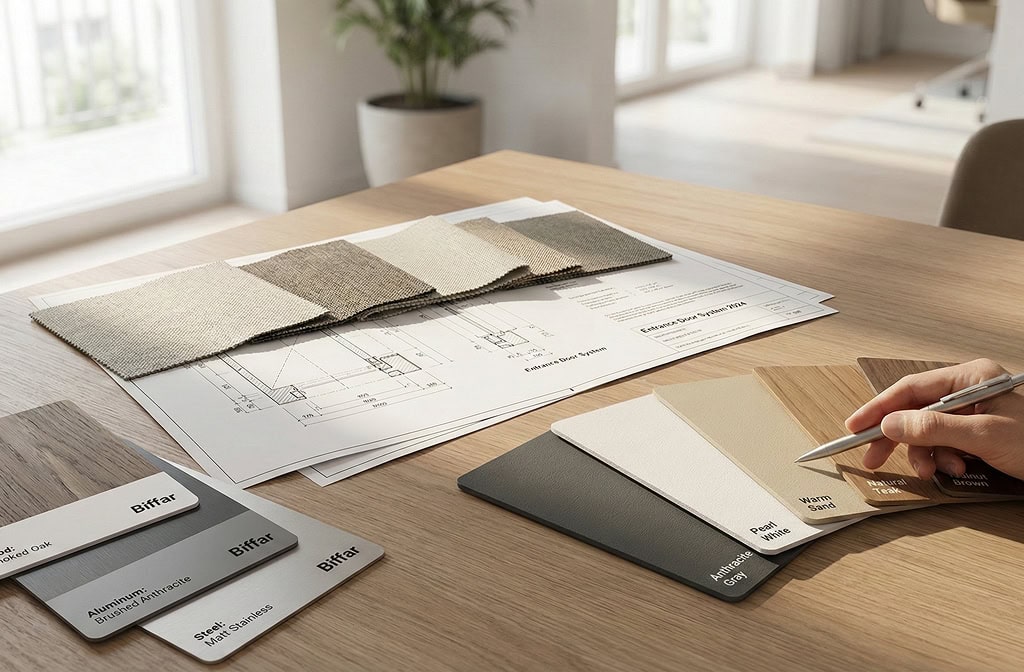 Hochwertige Farb- und Materialmuster für Innenraumgestaltung und Design.