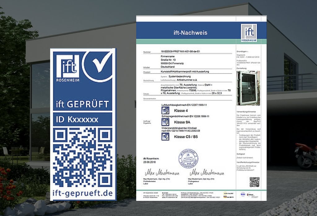 Ift geprüfte Baugenehmigung mit QR-Code und Zertifikat, hohe Qualitätssicherung, Bau- und Sicherheitsnachweis.