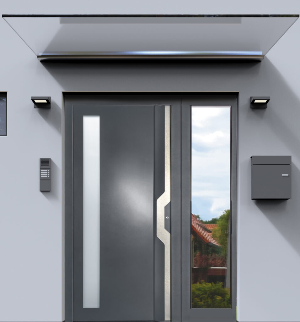 Moderner Haustürdesign mit Edelstahl-Details und Seitenfenster, hochwertige Eingangstür für modernes Zuhause.