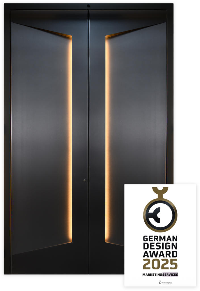 Hochwertige schwarze Ladentür mit indirektem Licht, modern und elegant.