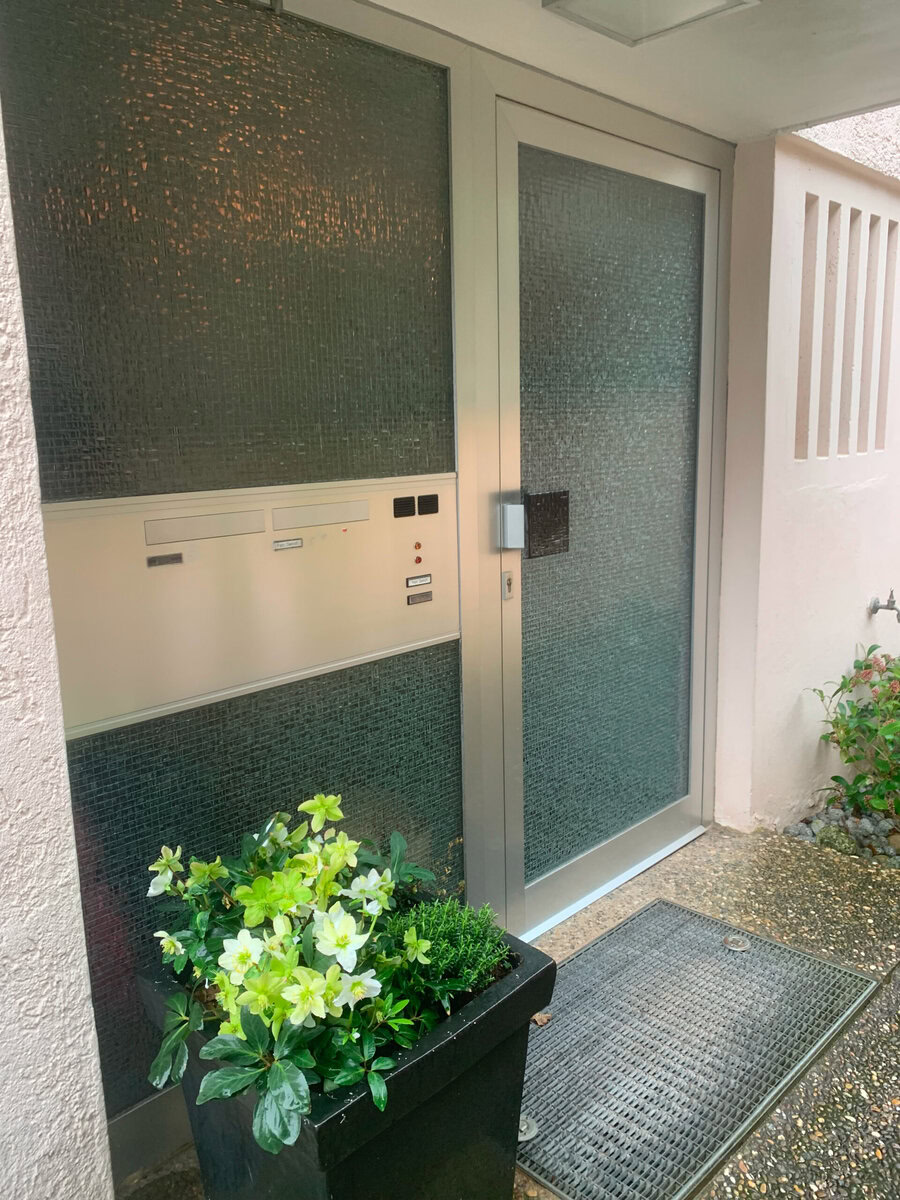 Modernes Gebäudedesign mit ergonomischer Tür- und Briefkastenlösung.