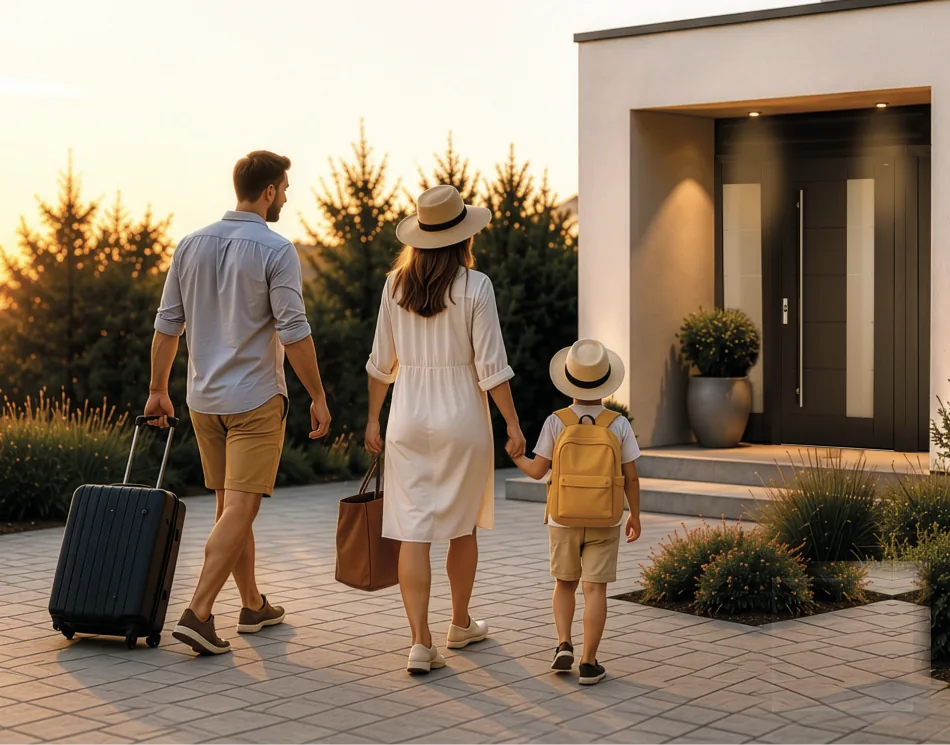 Familie verlässt mit Koffern ihr Zuhause in den Urlaub – geschützt durch eine Biffar Haustür